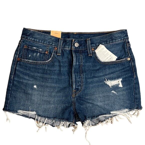 Levis 501 Shorts WMNS 30 Cut Off Denim Button Fly High Rise Distressed Raw Hem - Picture 1 of 9